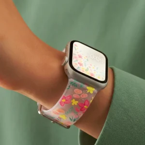 Frosted silicone Apple Watch band with pink and yellow vintage doodle flower pattern for women replacement wristband.