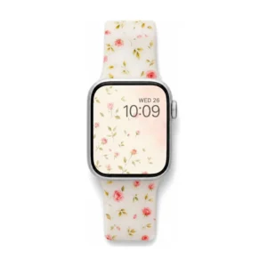 Pink rose floral frosted silicone Apple Watch band replacement wristband for women with silver buckle.