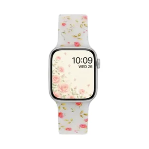 Pink rose floral frosted silicone Apple Watch band replacement wristband for women with silver buckle.