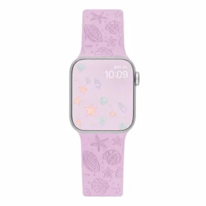Lilac Coral Silicone Apple Watch Strap for women featuring soft pastel purple engraved starfish and seashell patterns.