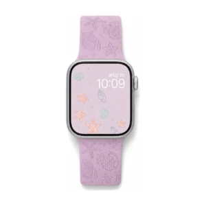 Lilac Coral Silicone Apple Watch Strap for women featuring soft pastel purple engraved starfish and seashell patterns.