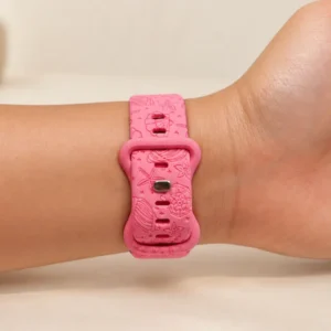 Pink Coral Silicone Apple Watch Strap for women featuring engraved starfish and seashell patterns on a neo pink band.