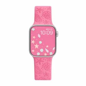 Pink Coral Silicone Apple Watch Strap for women featuring engraved starfish and seashell patterns on a neo pink band.