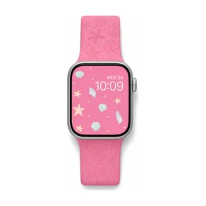 Pink Coral Silicone Apple Watch Strap for women featuring engraved starfish and seashell patterns on a neo pink band.