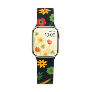 Retro Poppy silicone Apple Watch band with colorful abstract flowers on a black background, comfortable strap for women.
