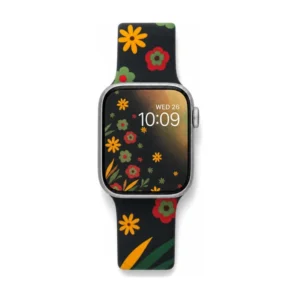 Retro Poppy silicone Apple Watch band with colorful abstract flowers on a black background, comfortable strap for women.