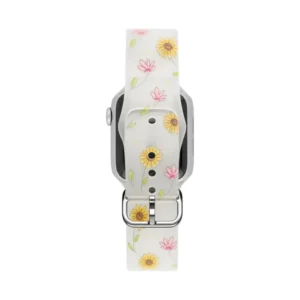 Vintage sunflower frosted silicone Apple Watch band for women with yellow and pink line-art floral sketches.