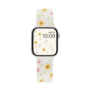 Vintage sunflower frosted silicone Apple Watch band for women with yellow and pink line-art floral sketches.