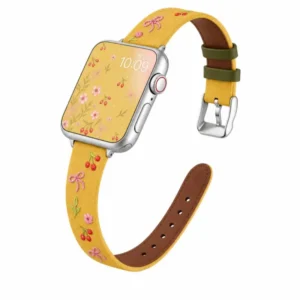 Yellow Slim Leather Apple Watch Band with Floral Cherry Embroidery for Women Modern Vintage Style