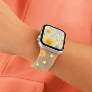 Sunshine Daisy Frosted Silicone Apple Watch Band for women featuring yellow and orange retro floral print.