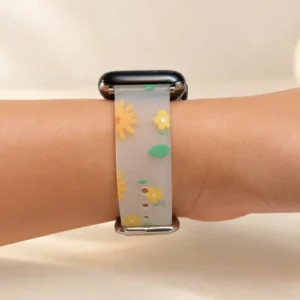 Sunshine Daisy Frosted Silicone Apple Watch Band for women featuring yellow and orange retro floral print.