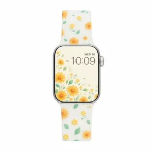 Sunshine Daisy Frosted Silicone Apple Watch Band for women featuring yellow and orange retro floral print.