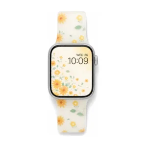 Sunshine Daisy Frosted Silicone Apple Watch Band for women featuring yellow and orange retro floral print.