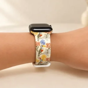 Toucan Monstera silicone Apple Watch band for women with retro tropical bird and floral pattern on a cream background.