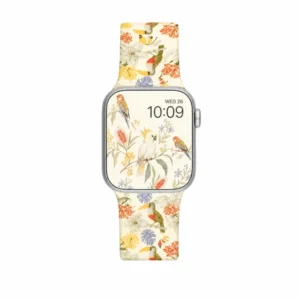 Toucan Monstera silicone Apple Watch band for women with retro tropical bird and floral pattern on a cream background.
