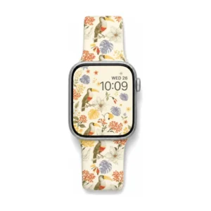Toucan Monstera silicone Apple Watch band for women with retro tropical bird and floral pattern on a cream background.