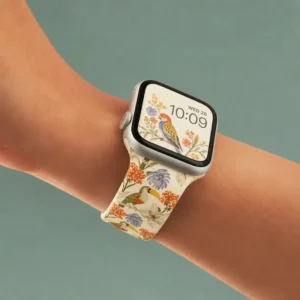 Toucan Monstera silicone Apple Watch band for women with retro tropical bird and floral pattern on a cream background.