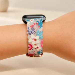 Vintage & adorable floral Apple Watch band for women featuring a wavy edge and deep blue and pink pattern.