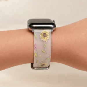 Vintage sunflower frosted silicone Apple Watch band for women with yellow and pink line-art floral sketches.