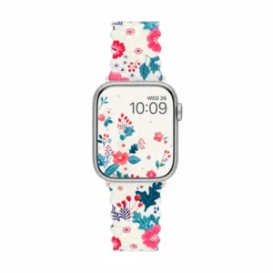 Vintage & adorable floral Apple Watch band for women featuring a wavy edge and deep blue and pink pattern.