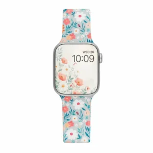 Wild Rose Floral Silicone Apple Watch Band for women with a modern vintage retro cute flower print on