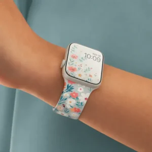 Wild Rose Floral Silicone Apple Watch Band for women with a modern vintage retro cute flower print on