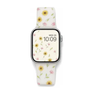 Vintage sunflower frosted silicone Apple Watch band for women with yellow and pink line-art floral sketches.