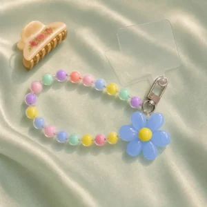 Durable pastel daisy blue beaded phone strap for women featuring a lightweight acrylic bead chain and a silver metal clasp.