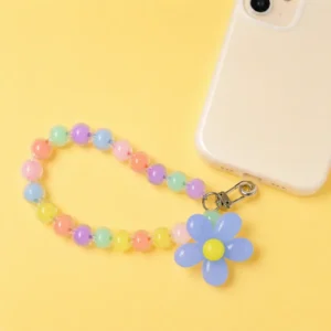 Durable pastel daisy blue beaded phone strap for women featuring a lightweight acrylic bead chain and a silver metal clasp.