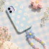 Durable pastel daisy blue beaded phone strap for women featuring a lightweight acrylic bead chain and a silver metal clasp.