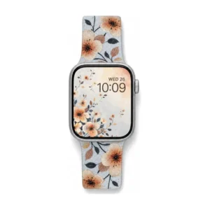 Comfortable braided loop Apple Watch band for women featuring a vintage peach floral pattern on a stretchy replacement strap.