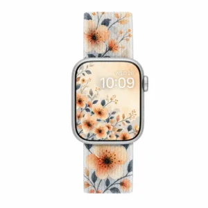 Comfortable braided loop Apple Watch band for women featuring a vintage peach floral pattern on a stretchy replacement strap.