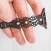 Pearl lace stainless steel Apple Watch band with elegant vintage-inspired filigree and pearl accents for women