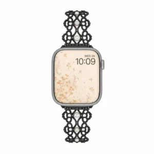 Pearl lace stainless steel Apple Watch band with elegant vintage-inspired filigree and pearl accents for women