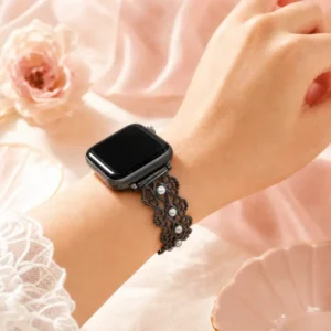 Pearl lace stainless steel Apple Watch band with elegant vintage-inspired filigree and pearl accents for women