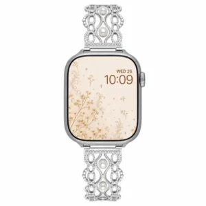 Moonbeam ivory pearl lace stainless steel Apple Watch band for women. Vintage metal replacement wristband with pearl accents.