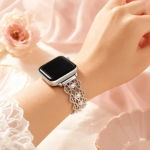 Moonbeam ivory pearl lace stainless steel Apple Watch band for women. Vintage metal replacement wristband with pearl accents.
