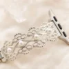 Moonbeam ivory pearl lace stainless steel Apple Watch band for women. Vintage metal replacement wristband with pearl accents.