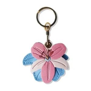 Pink and blue vegan leather lily flower AirTag case with gold keyring, cute AirTag holder for keys