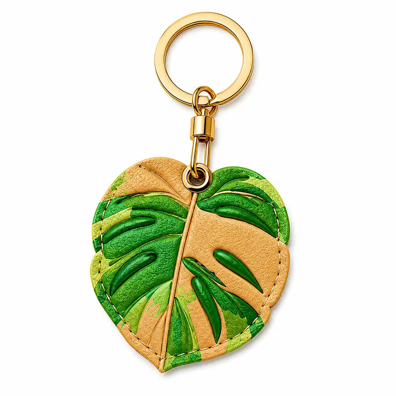 Caramel monstera leaf vegan leather AirTag case in tan and green with gold keyring, cute AirTag holder for women