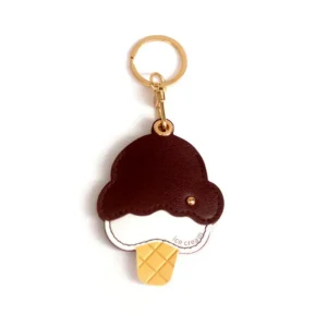 Vegan leather AirTag case shaped like a chocolate ice cream cone with gold keyring, cute AirTag holder for women