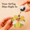 Vegan leather AirTag case in yellow and ivory vintage lily design with gold keyring, cute AirTag holder for women