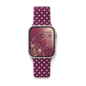Plum polka dot silicone Apple Watch strap replacement for women with secure pin closure