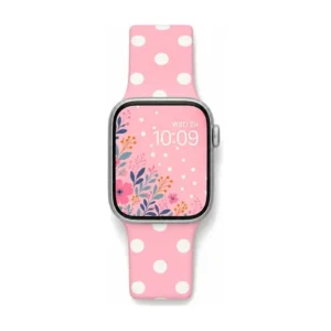 Baby pink Apple Watch band for women with white polka dots, comfortable silicone replacement strap.