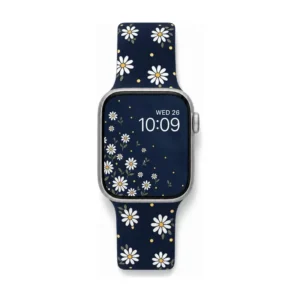 Black vintage daisy floral silicone Apple Watch band, comfortable replacement strap for women.
