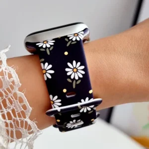 Black vintage daisy floral silicone Apple Watch band, comfortable replacement strap for women.