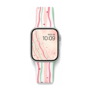 Pink and mint candy stripe Apple Watch band for women with hearts and stars, comfortable silicone strap.