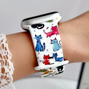 White Apple Watch band for women with colourful hand-drawn doodle cats, comfortable silicone replacement strap.