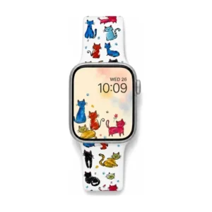 White Apple Watch band for women with colourful hand-drawn doodle cats, comfortable silicone replacement strap.