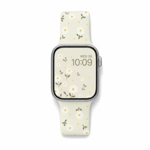Cream daisy floral silicone Apple Watch band, white flowers on cream strap for women